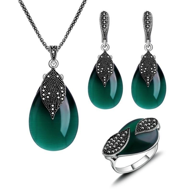 Vintage Women Jewelry Set Necklace Earring Ring Set Leaf Water Drop Necklace Earring Set Necklace Earring Ring Jewelry Sets Women Jewelry Sets