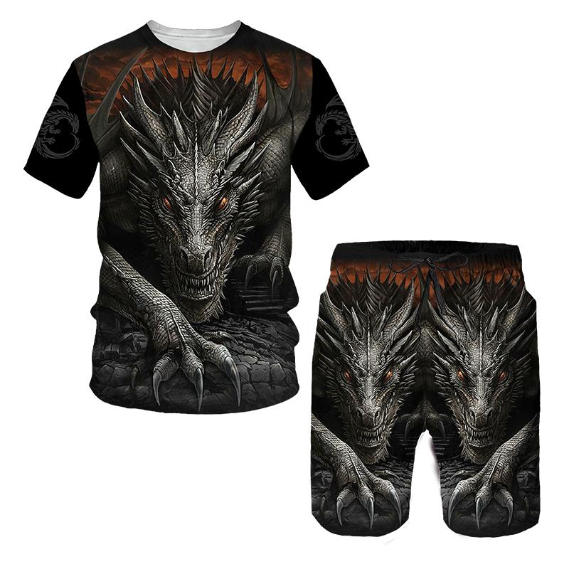 Мужские комплекты футболок с 3D принтом дракона, летние повседневные футболки с круглым вырезом, шорты, комплект из двух предметов, трендовая мужская одежда, пуловер