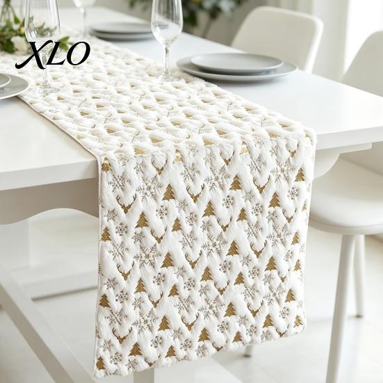 Sideboard Coffee Table Runner Christmas Plush Runner, Foil Stamped Golden Tree Snowflake Festive Centerpiece Decor Fuzzy Holiday Dining Cover for Home