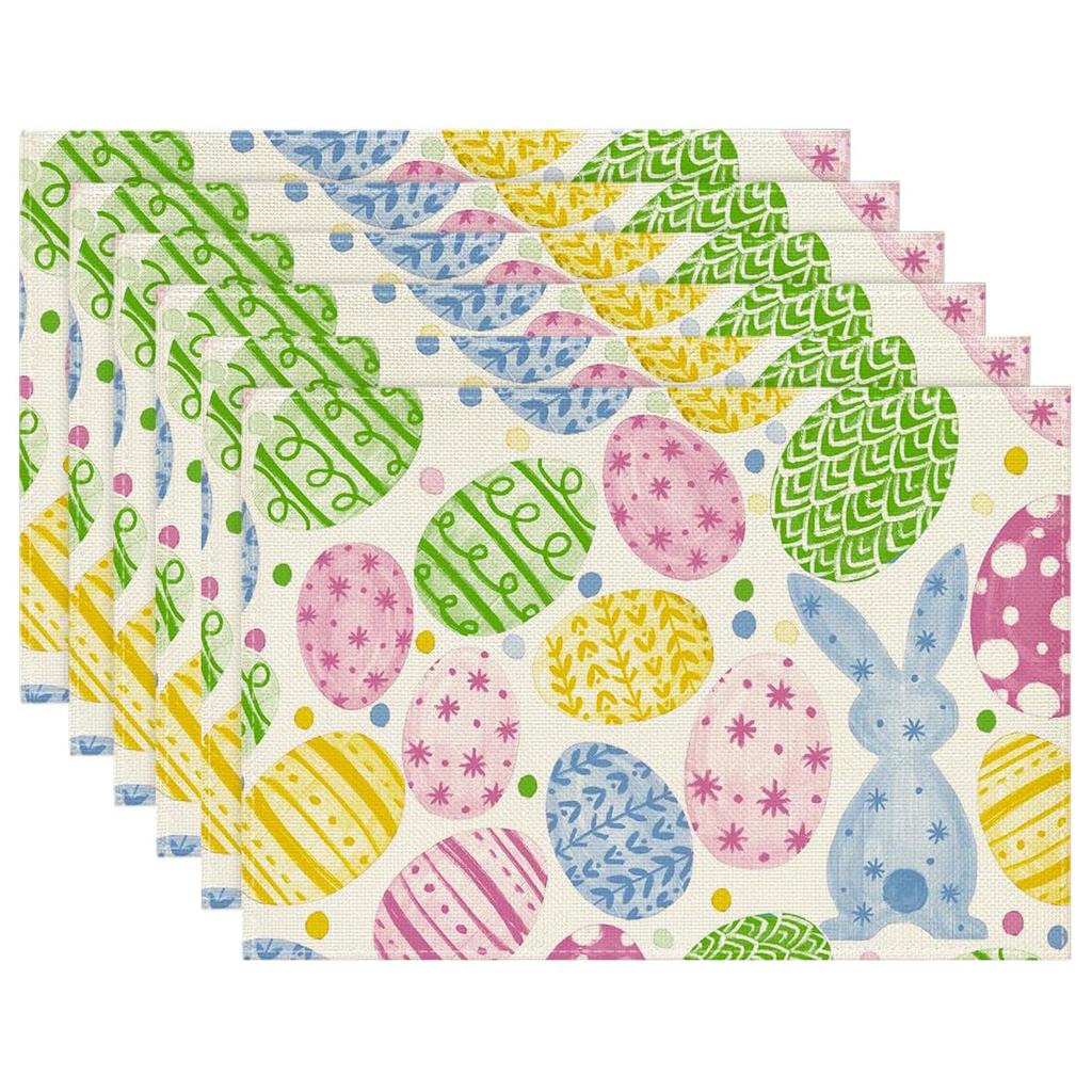 4/6pcs Joyful Easter Blue Bunny Rabbit Eggs Table Mats, Seasonal Spring Holiday Dining Additions for Party Kitchen Decoration 12X18 Inch