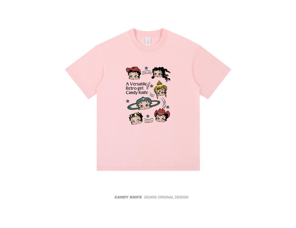 Женская летняя хлопковая футболка свободного кроя с круглым вырезом и мультяшным принтом, 2024