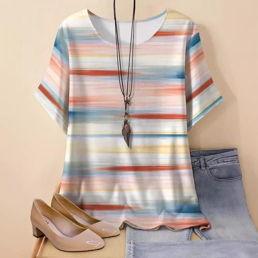 Плюс размер Лето Новый Модный Свободный 3D Печатный Полосатый Топ Для Похудения Футболка С Короткими Рукавами