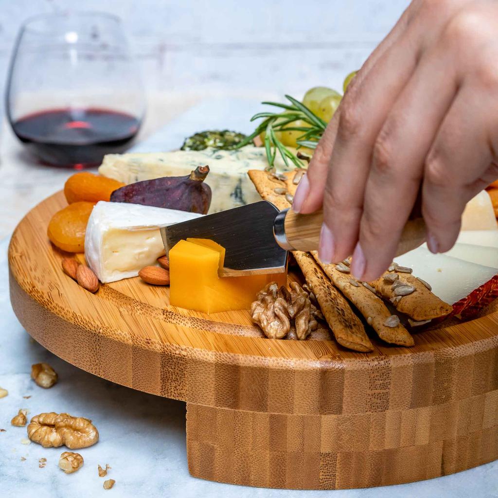 Bamboo Cheese Board Set - 25cm Charcuterie Board With Slide-Out Drawer and Cheese Tools - Cheese Serving Platter Tray - Great Gift Idea
