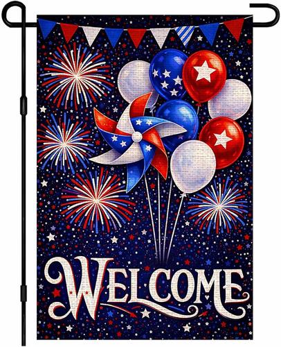4Th of July Garden ag 12X18 Inch Burlap Double Sided Balloon Star American Wel 744759040411 AAV