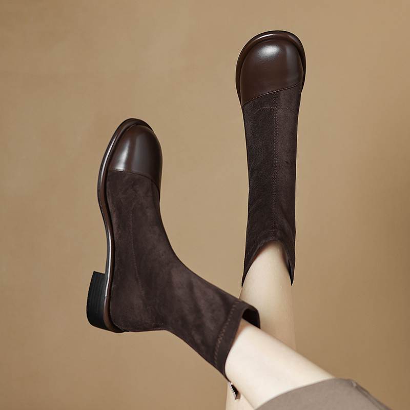 Krazing Pot Флок Осенне-зимняя обувь Низкий каблук Размер 43 Стрейч-сапоги Задняя вставка Прямой стиль Эластичные ботильоны