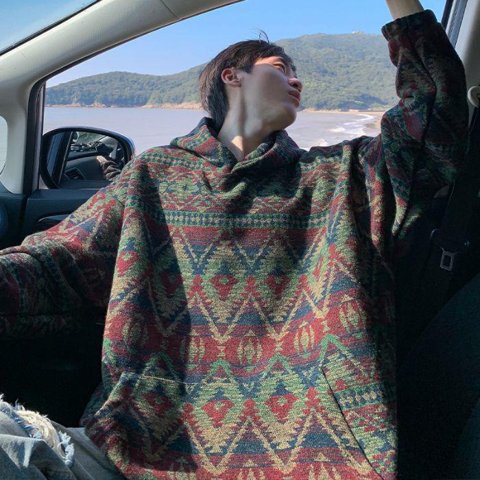 Мужская толстовка с капюшоном в этническом стиле с флисовой подкладкой - Осенне-зимний тренд