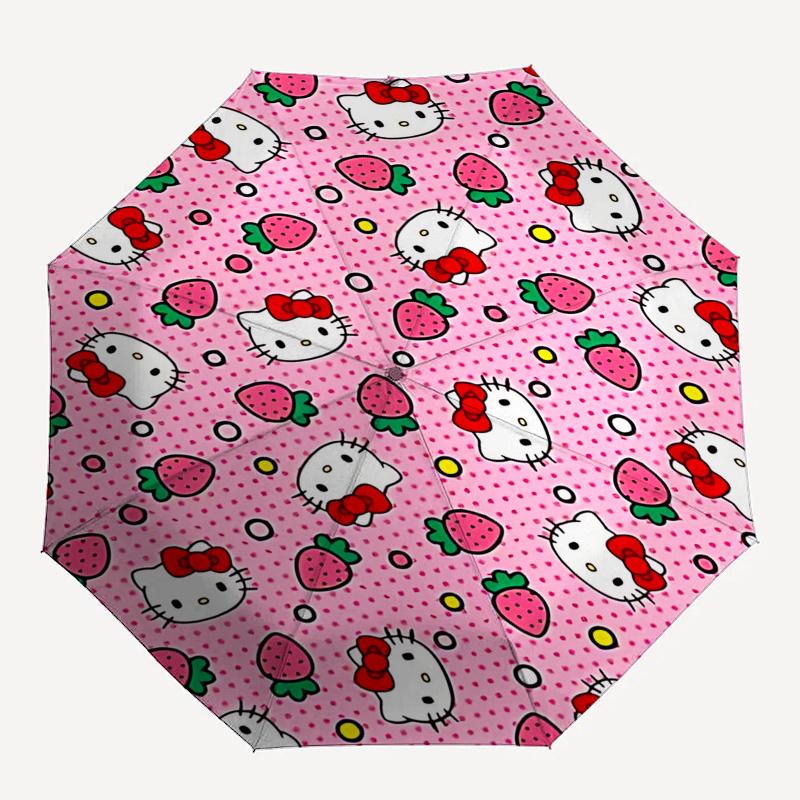 1pc Hello Kitty Strawberry Patterned Automatic Opening/Closing Umbrella with Convenient Three-Fold Design, 8-Bone Iron Frame, Outdoor, Ideal Gift for