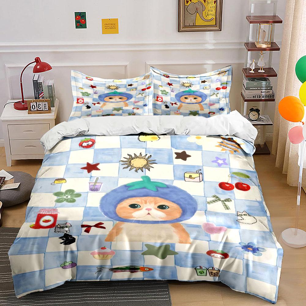 "Cat Illustration Decor Set" Bedding Set with 1 Duvet Cover 2 Pillowcases Single Double King Queen, Gift