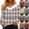 Women's Fashion Long Sleeve Plaid Print Fleece Collar V-Neck Top