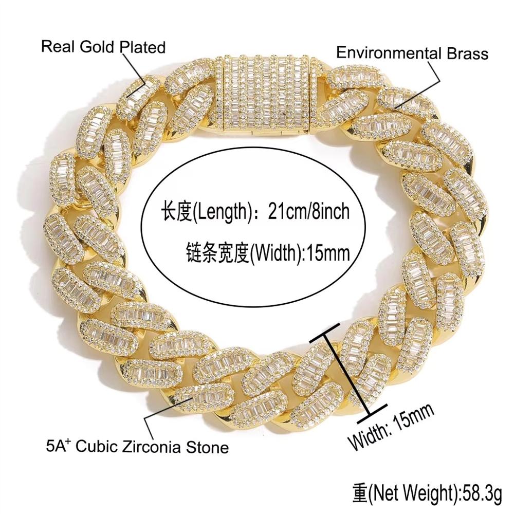 Fashion Hip Hop Jewelry 15mm Wide Real Gold Plated Cuban Bracelet Iced Out Baguette CZ Miami Cuban Link Chain Bracelet