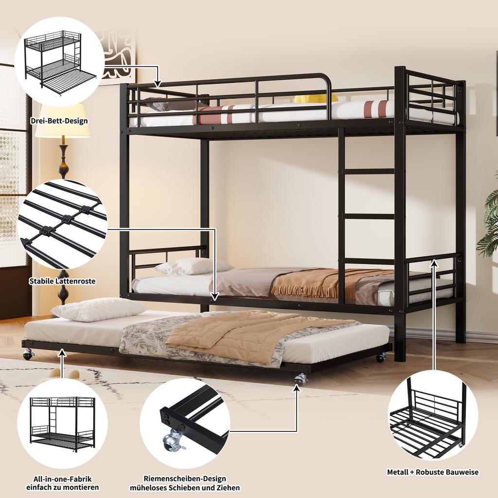 Iron Bed, Bunk Bed, Suitable for Children and Teenagers, with Pull-Out Bed, Four Side Rails on the Upper Bed, Iron, Black, 90x200cm&90x190cm