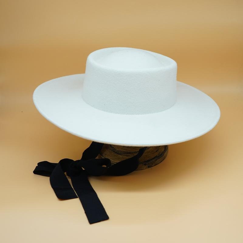 Внешняя торговля Белый Широкие поля Широкие поля Шерсть Плоский верх Верхний цилиндр Женский Осень и зима Британский Ретро Универсальный Французский Знаменитость Фетр
