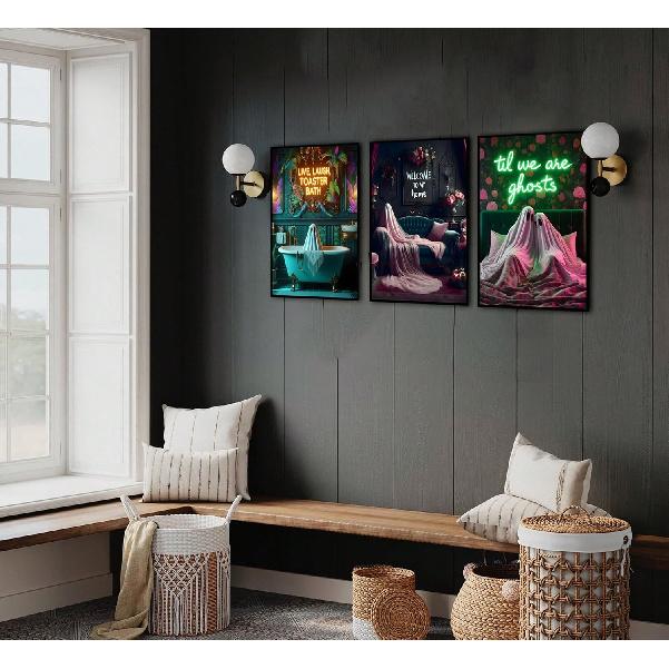 3Pcs Halloween Neon Bathroom Wall Art Tropical Ghost Dying To Relax Painting Picture Wall Decor Fashion Funny Gothic Ghost Toaster Poster Print