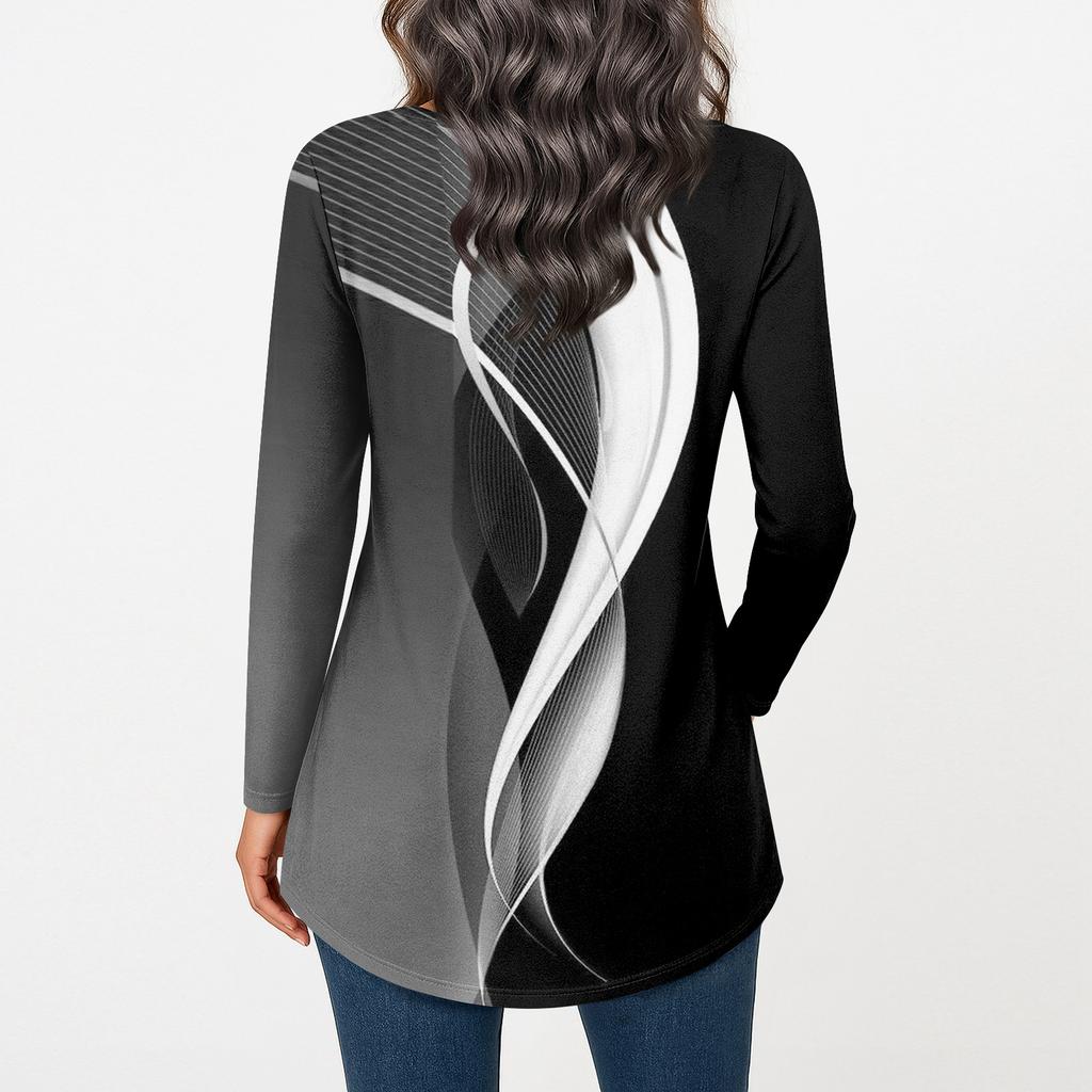 Женская повседневная футболка большого размера с длинными рукавами и круглым вырезом, винтажный этнический принт, топ-пуловер