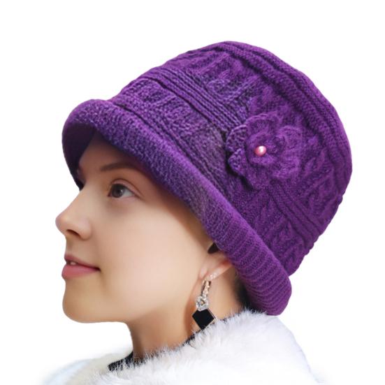 Женская утепленная вязаная шапка с цветком, крючком, шляпа-ведро для пожилых женщин, зимняя теплая шляпа рыбака для активного отдыха