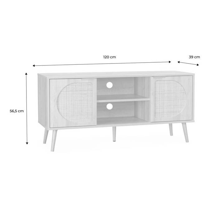 Meuble TV décor bois et cannage arrondi 2 portes 120cm EVA