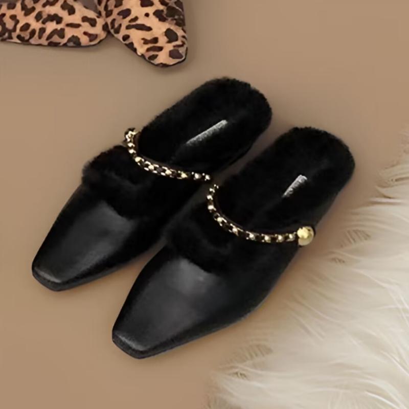 Леопардовые женские туфли на плоской подошве с мехом, повседневные шлепанцы, зимние мюли, модная обувь 2025 года, короткие туфли на каблуке из плюша, женские туфли на каблуке