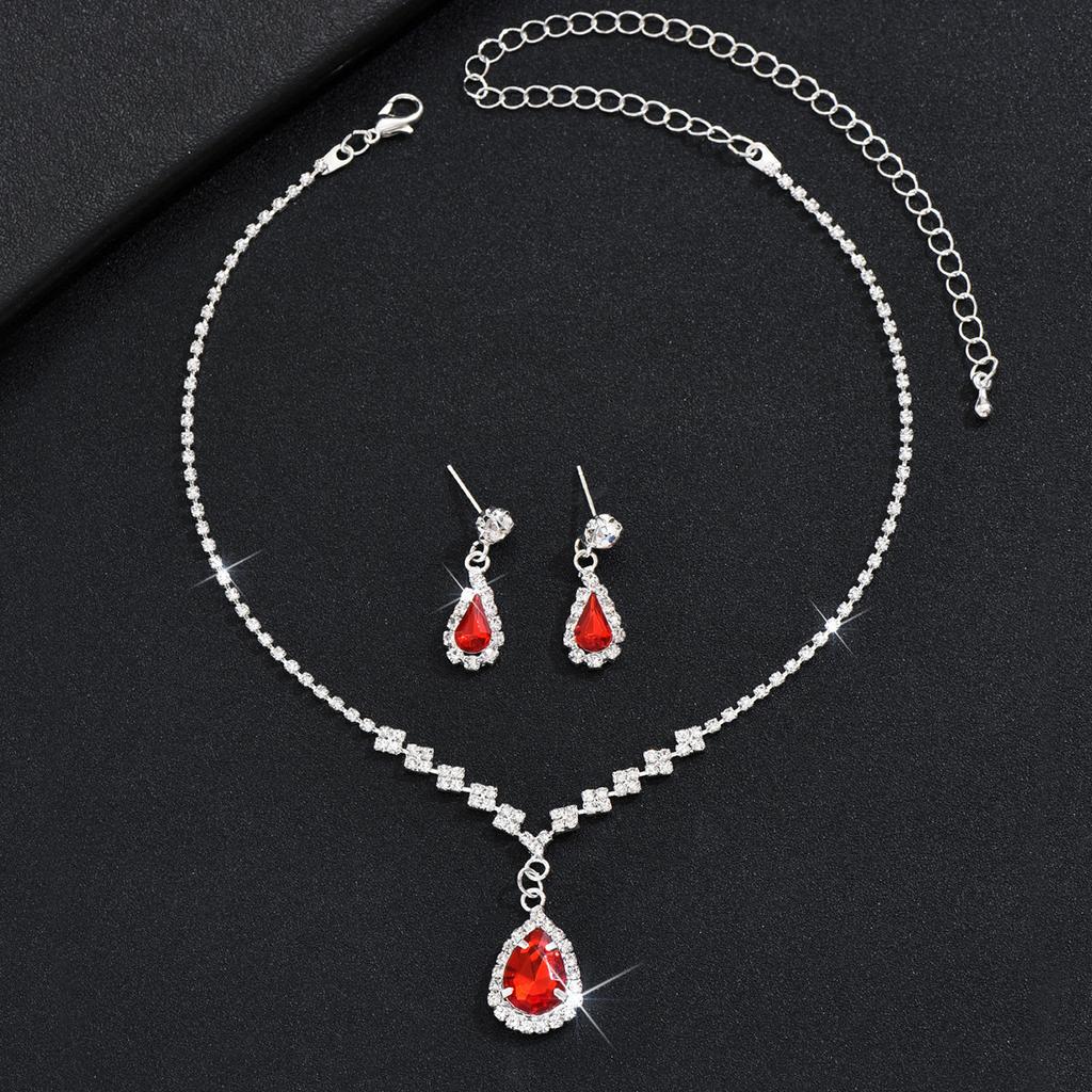Necklace Earrings Set Party Banquet Jewelry Bridal Wedding Red Water Drop Glass Necklace Earrings