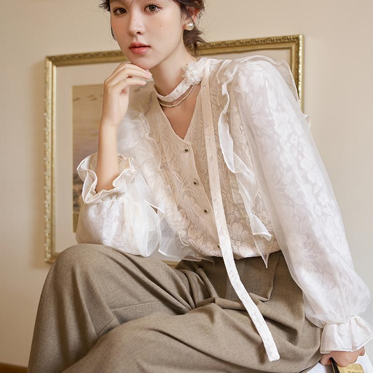 Mishow White Bow Blouse for Women Autumn 2023 Fashion Elegant Loose Lace V-neck Long Sleeve Button Casual Shirts MXC41X1280
