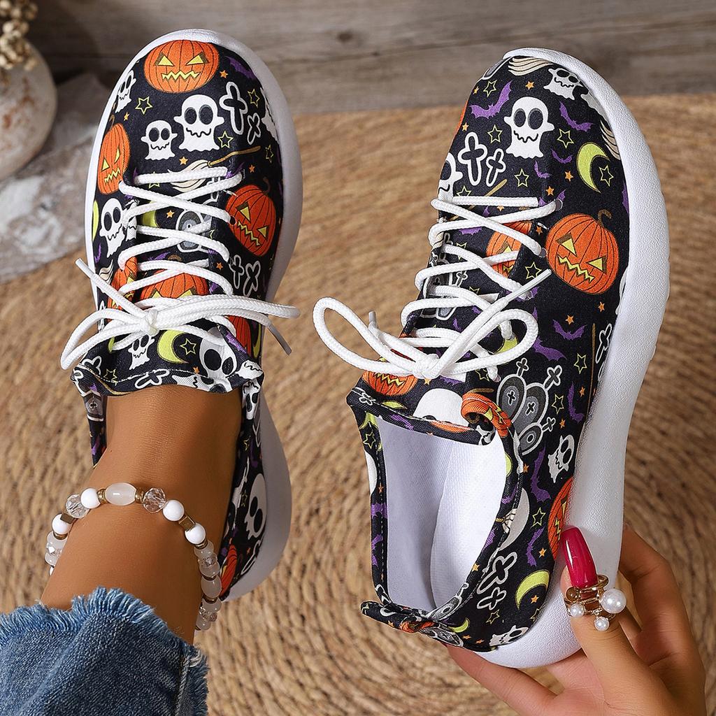 Fashion Women Sneakers 2024 New Popular Flat Bottom Round Head Lace Up Casual Shoes Halloween Pumpkin Pattern Low Top Women Sports Shoes