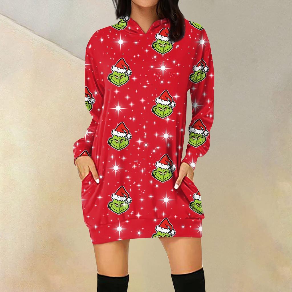 Женская свободная повседневная толстовка с капюшоном и карманом с длинными рукавами с рождественским принтом, длинный топ