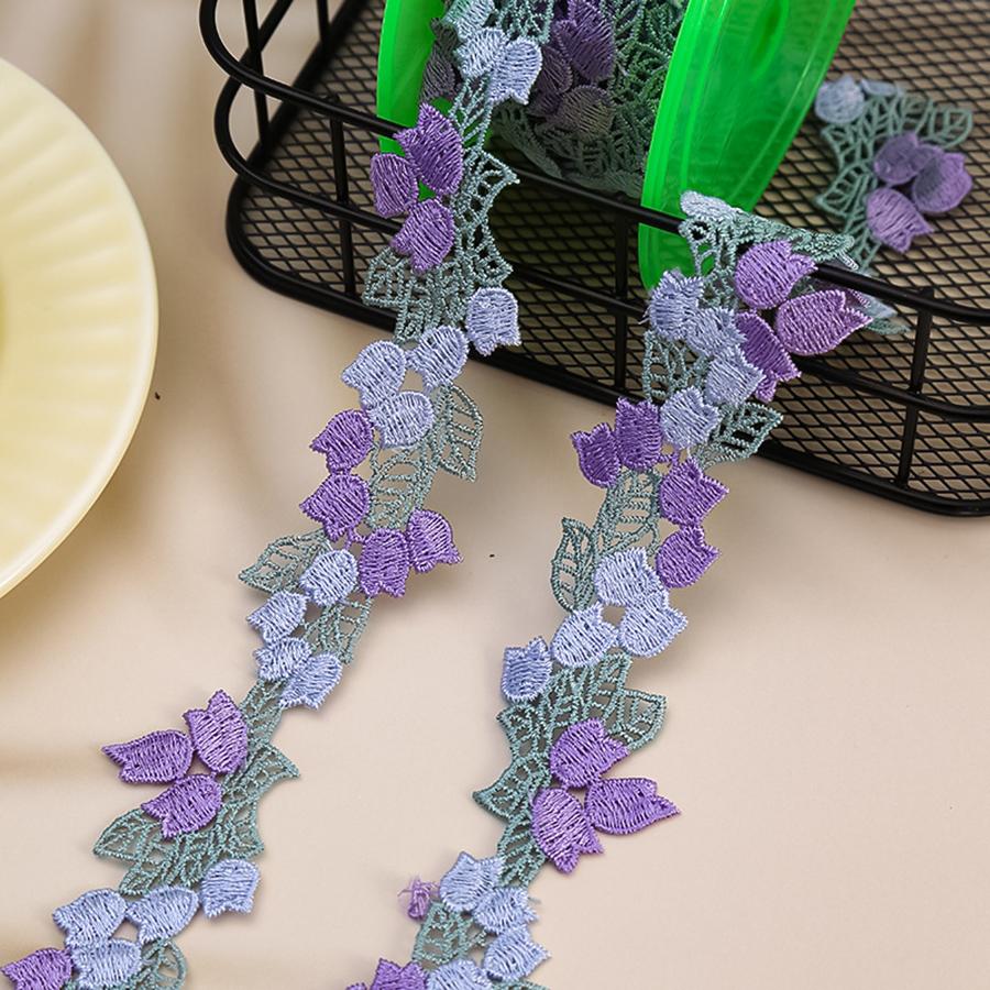1 Yards Purple Orange Flowers Embroidery Lace Guipure Ribbon Applique Wedding Dress Headveil DIY Sewing Supplies 3.7cm Wide