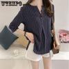 Летняя рубашка, женская корейская футболка с рукавами четверти, большой размер, футболка с круглым вырезом, полосатая рубашка, женская шифоновая рубашка