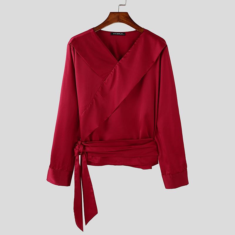 INCERUN Мужские рубашки с длинным рукавом и V-образным вырезом спереди, перекрестные слои, топы