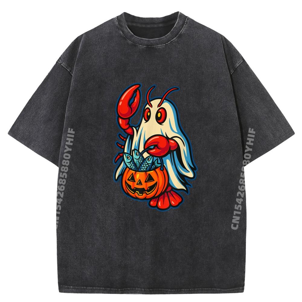 Halloween Lobster Ghost Funny Fish Lovers Nautical Themed Halloween Christmas Gothic Christmas Washed Tops T Shirt T Shirt
