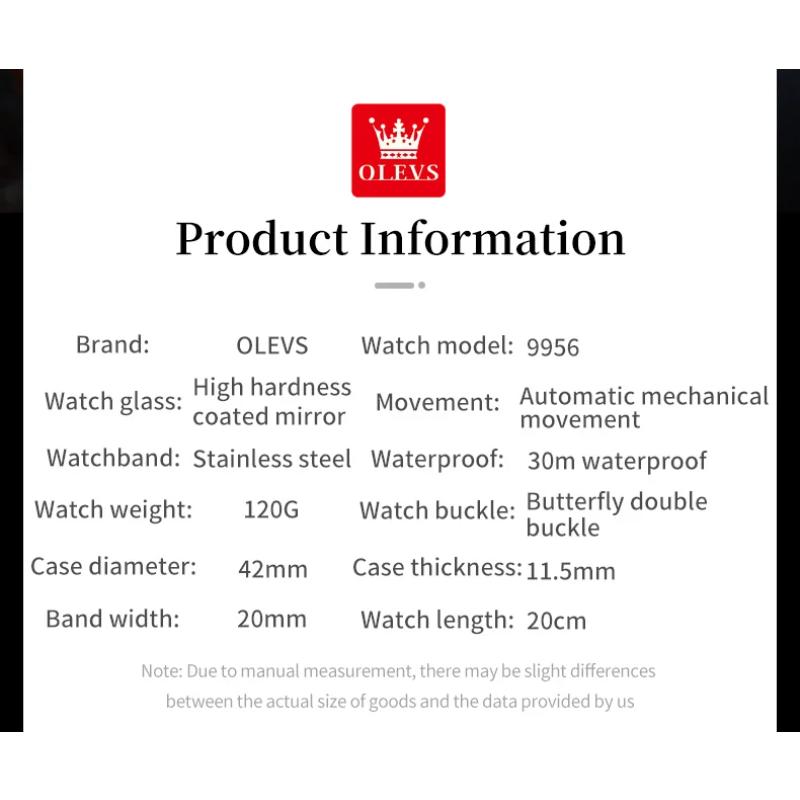 OLEVS Мужские часы класса люкс, мужские автоматические механические часы, водонепроницаемые и светящиеся, из нержавеющей стали, с датой, мужские часы