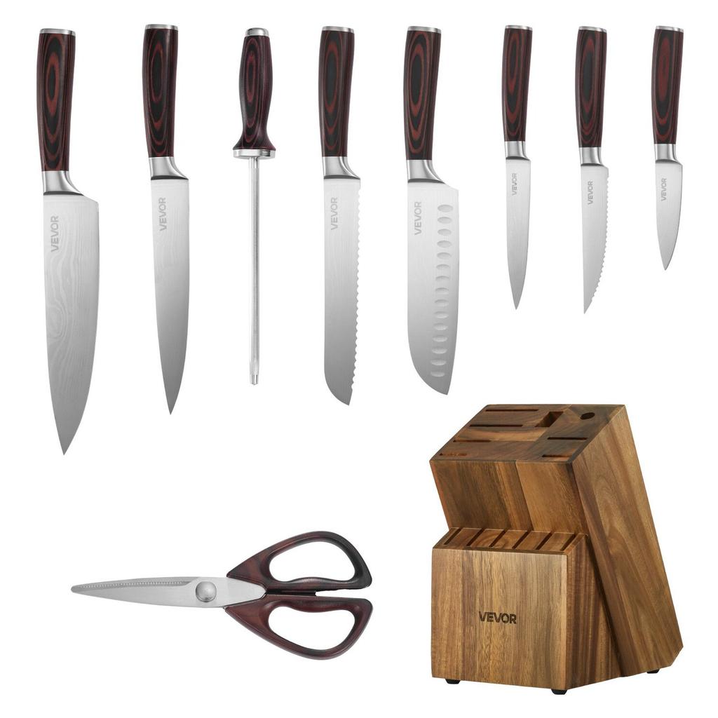 Kitchen Knife Set with Block and Sharpener, 15 Piece High Carbon Stainless Steel Knife Set, Rust-Resistant Kitchen Cutlery with Ergonomic Handle,
