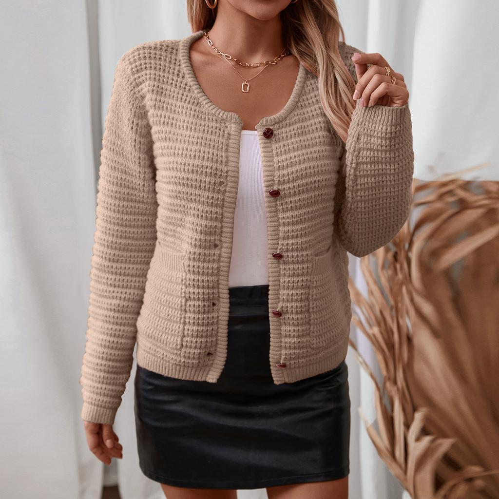 Women's Fashion Casual Thick Round Neck Long Sleeve Button Knit Sweater Cardigan Jacket