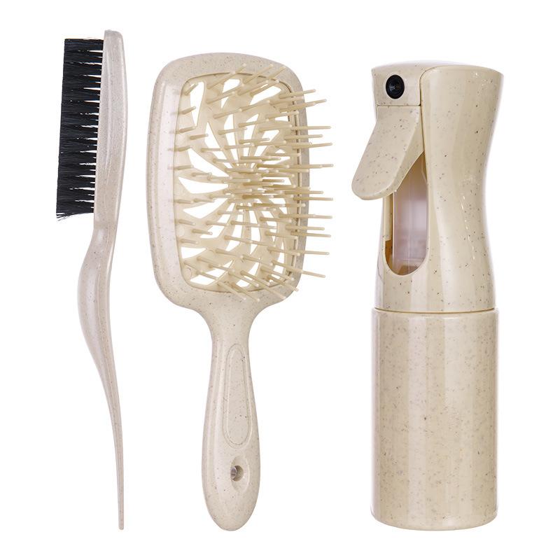 Custom LOGO 3pcs Hair Styling Tools Kit Eco-Friendly Wheat Straw Hollow-out Comb Massage Comb Teasing Brush Spray Bottle