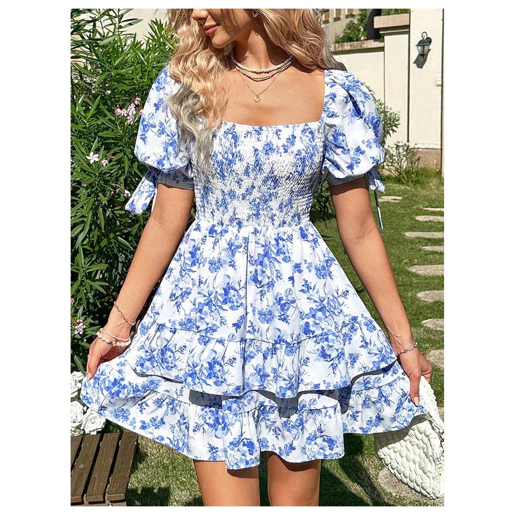 Women's Fashionable Floral Print Square Neck Pleated Short Sleeved Vacation Casual Dress