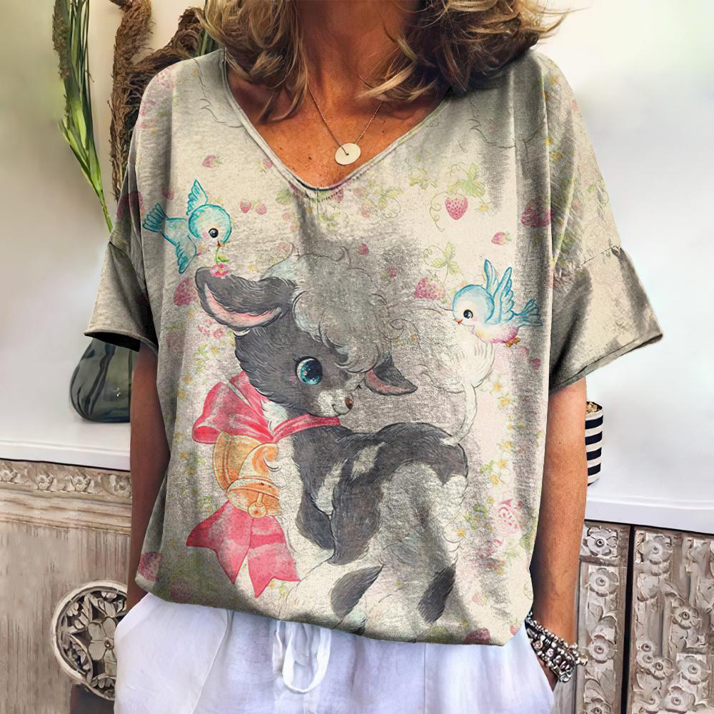 Женская футболка с принтом мультяшного кота, топ больших размеров, летняя женская трендовая одежда, модная рубашка с коротким рукавом и V-образным вырезом, Harajuku