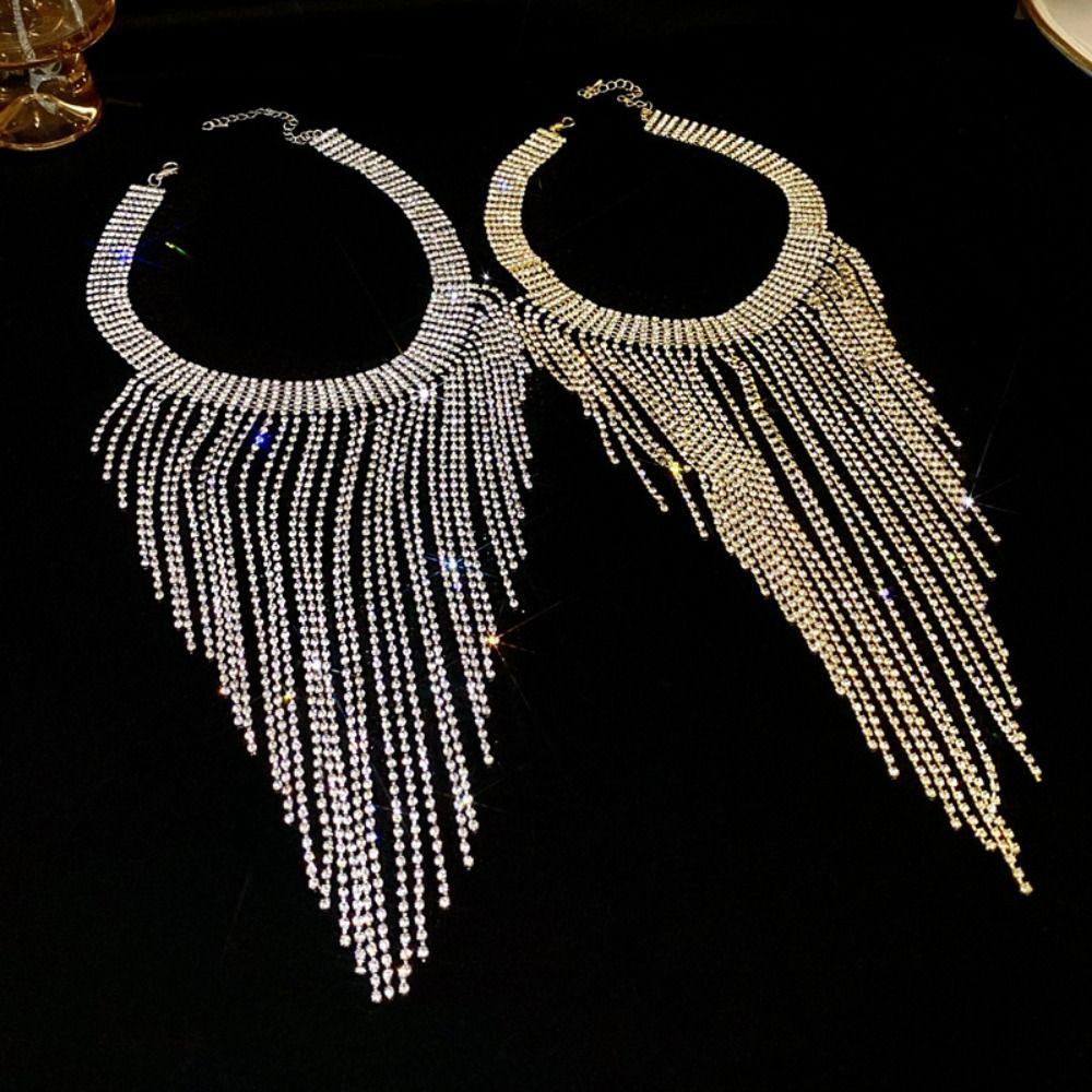 Geometric Long Tassel Necklace Sparkling Clavicle Chain Sweet Full Rhinestone Necklace Women