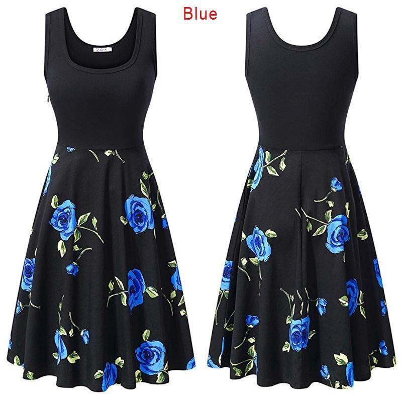 Womens Retro Floral Print Sleeveless Cotton Dress With Round Neck For Summer Vintage Style