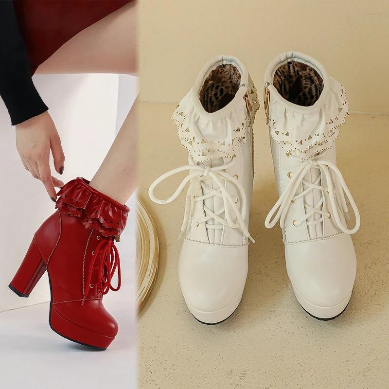 Модные осенне-зимние женские ботинки Лолита, японские милые туфли из искусственной кожи, с оборкой и шнуровкой, принцесса Лолита косплей, ботинки до середины икры