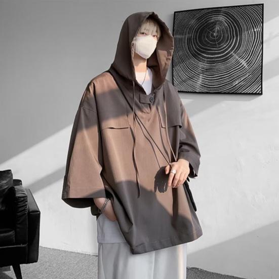 Весенне-летние мужские верхние нагрудные карманы большого размера в стиле хип-хоп, сплошной цвет, с капюшоном, рукава три четверти, тонкая кулиска, мягкая дышащая уличная рубашка, толстовка