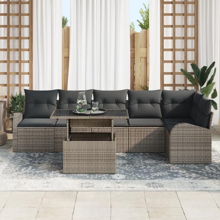 VidaXL Ensemble de canapé de jardin de 7 pièces en poly rotin gris avec coussins 3348655