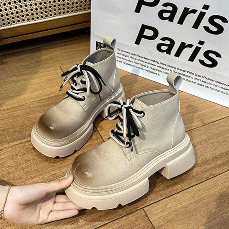 Ботильоны на толстом каблуке с толстой подошвой, женские осенние модные повседневные ботинки в стиле ретро для женщин, кожаные короткие ботинки из искусственной кожи со шнуровкой, Botas