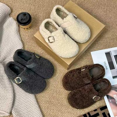 Ретро пушистые туфли для женской зимы 2025 года, новые хлопковые туфли для улицы, бархатные теплые лоферы Boken на толстой подошве