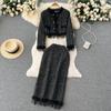 Autumn And Winter Small Fragrant Wind Fringe Fashion Short Jacket + Long Paragraph Hip Half-Body Skirt Two-Piece Set