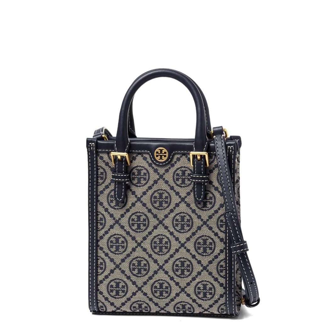 Tory Burch T Monogram Classic Allover Print Fabric And Leather Tote Bag Unisex Tote Bag Navy-Blue 87146-405