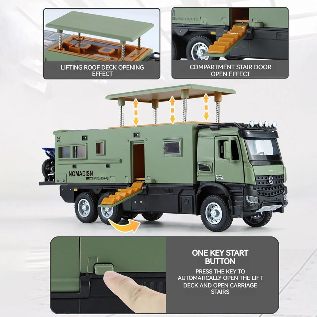 2026 Новый 1:24 Бенц Кемпер RV Моторхоум Игрушечная Модель Автомобиля, Литая Машинка-грузовик с Инерционным Механизмом, Модель Игрушечного Автомобиля со Звуком и Светом для Детей Мальчиков Девочек Мотоцикл