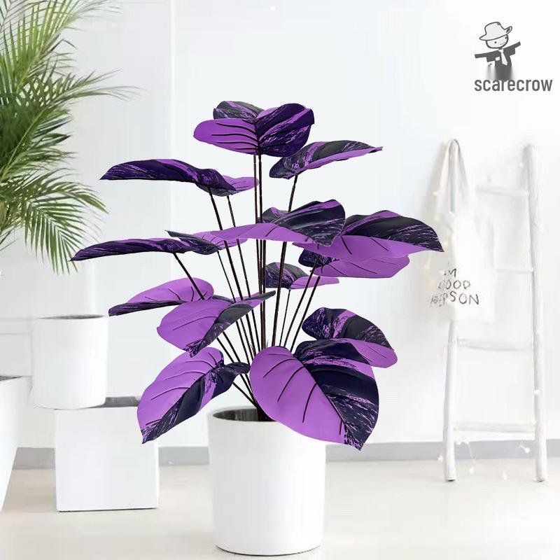 Luxurious Purple Peach Leaf Artificial Bonsai - Dark Style Green Plant for High-End Living Room Decor