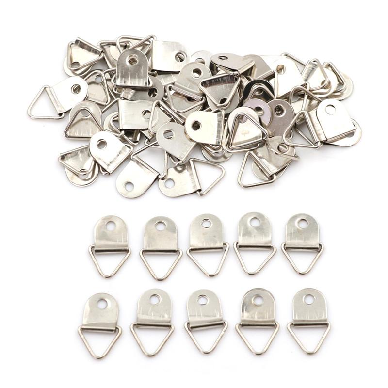 50Pcs Silver Triangle Mirror Hangers Strap D-Ring Hanging Picture Frame Hooks