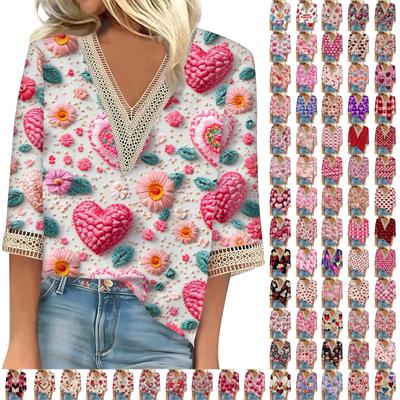 Женский топ с рукавом три четверти, кружевной, с 3D-принтом ко Дню святого Валентина