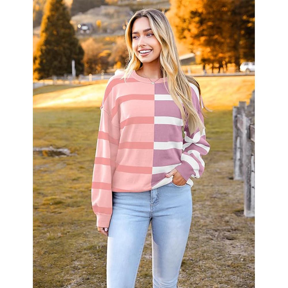 Женский полосатый свитер оверсайз 2025 с круглым вырезом и длинным рукавом, трикотажный свободный свитер с цветными блоками, повседневный топ