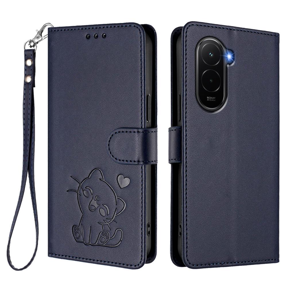For Xiaomi Poco M7 Plus 5G/M7 4G (169mm) Wallet Case with Wrist Strap Love Cat Pattern Imprint Leather Phone Cover